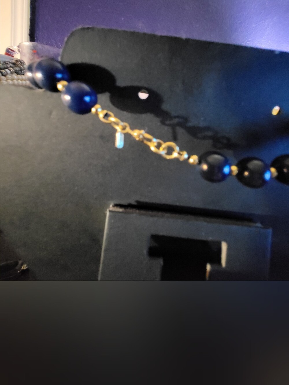 30" Vintage Monet Navy Blue Beaded Opera Length Necklace Gold Tone Spacers - Picture 4 of 5